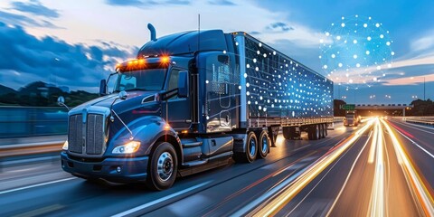 Naklejka premium A High-Tech Semi Truck Illuminated with Data Networks Cruising Down the Highway at Dusk, Generative AI