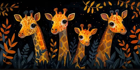 Fotobehang Curious baby giraffes in a wildlife scene, surrounded by a lush savanna landscape. © Andrii Zastrozhnov