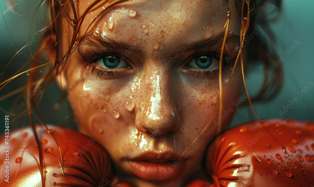 Poster A beautiful young sporty boxing girl in a defense position