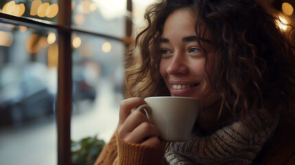 Uma jovem mulher desfrutando de um momento tranquilo com um café quente em um café aconchegante com vista para a cidade