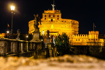 Castel Sant Angelo by night. Mausoleum of Hadrian in Rome Italy, built in ancient Rome, it is now the famous tourist attraction of Italy. - 745361114