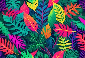 A surreal landscape made entirely of fluorescent tropical leaves, with surreal shapes and patterns emerging from the foliage