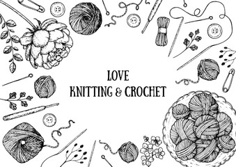 Knitting and crochet sketch. Vector hand drawn background. Engraved style. Sketch collection. Design elements.