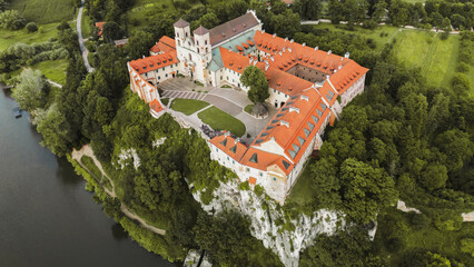 Aerial view of Benedictine abbey of Saints Peter and Paul in Tyniec, Poland. Panoramic view from...