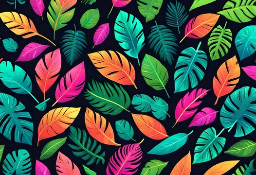 Tropical leaves arranged in a geometric pattern, glowing in fluorescent colors against a dark background