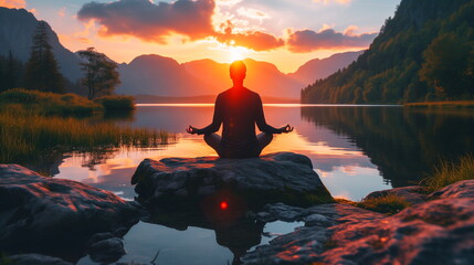 Silhouette of a person meditating on a rock by a calm lake with mountains during a sunset - obrazy, fototapety, plakaty
