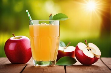 Fototapeta premium a glass of freshly squeezed apple juice on a wooden table, branches of an apple tree, an orchard of apples, an apple plantation, a sunny day