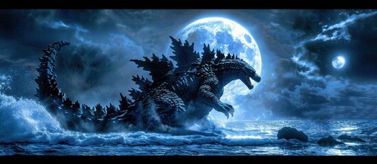 Godzilla rising from the ocean under water and lightning