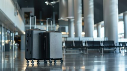 Two black suitcases stand in an empty airport terminal. The suitcases are made of a durable material and have four wheels each.