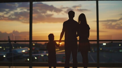 Family of three holding hands and watching the sunset from the airport terminal window.