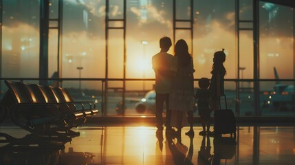 Family of four standing in an airport terminal, looking out at the runway. The sun is setting, casting a warm glow over the scene. - obrazy, fototapety, plakaty