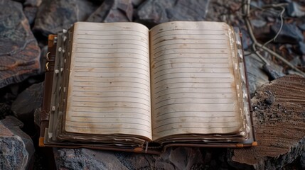 open old book without text on a wooden background. from above