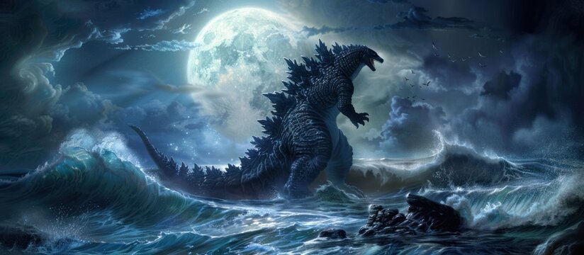 Godzilla rising from the ocean under water and lightning