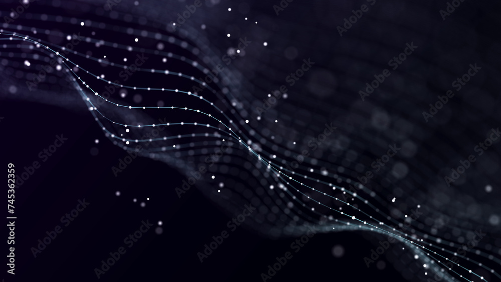 Poster futuristic pattern of dots smoothly moving in a wave. abstract technology web banner. background 3d 