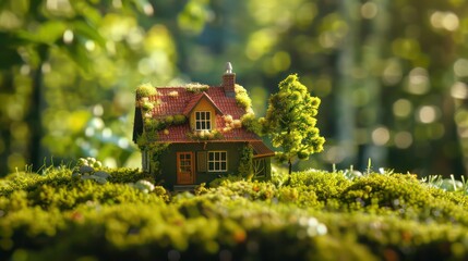 Eco house concept. Property investment and house mortgage financial real estate concept. Eco Village, abstract background. Wooden house model in a forest