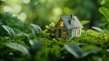 Eco house concept. Property investment and house mortgage financial real estate concept. Eco Village, abstract background. Wooden house model in a forest