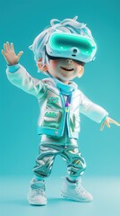 Happy teen boy wearing virtual reality goggles watching movies or playing video games. Cheerful smiling teenager looking in VR glasses. Funny child experiencing, gadget technology illustration. Toy la