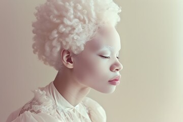 creative portrait of a young black albino woman with short hair close-up, on a light background,the concept of diversity of people