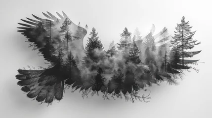 Fototapeten Graphic illustration in the form of a silhouette of an eagle and nature inside. Landscape with forest. © Ibad