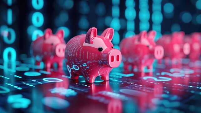Digital Piggy Banks in digital and traditional forms Representing Online Savings and Financial Technology