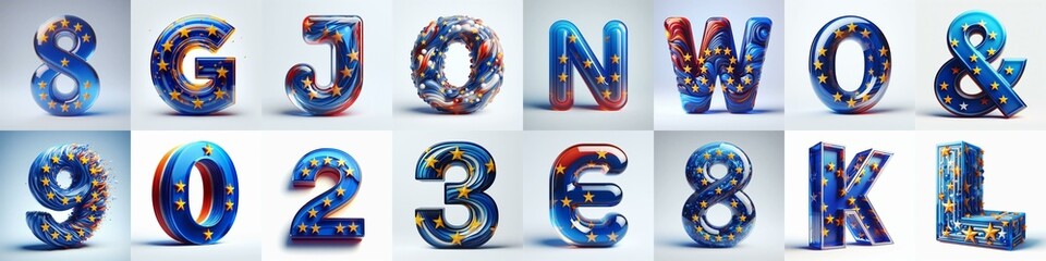 Glass letters shape in colors EU flag 3D Lettering Typeface. AI generated illustration