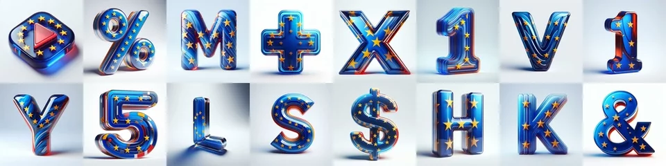 Foto op Plexiglas Glass letters shape in colors EU flag 3D Lettering Typeface. AI generated illustration © vector_master