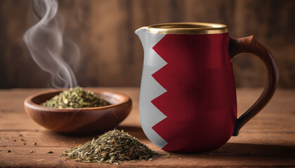 A teapot with the Bahrain flag printed on it is on the table, next to it is a mug of tea and green tea is scattered. Concept of tea business, friendship, partnership