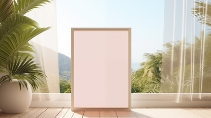 Vertical empty frame on floor on a tropical background