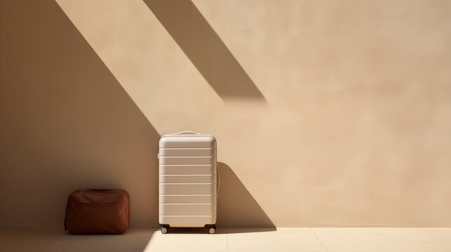 An image of a minimal beige luggage against the beige wall