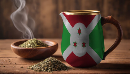A teapot with the Burundi flag printed on it is on the table, next to it is a mug of tea and green tea is scattered. Concept of tea business, friendship, partnership
