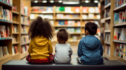 Rear view of afro children sitting in a bookstore, looking filled with books. Back to school concept. - obrazy, fototapety, plakaty