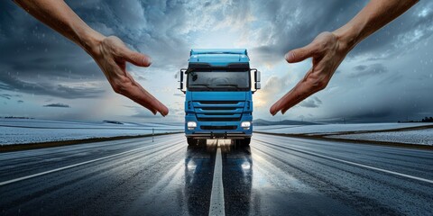 Hands Form a Protective Arch Over a Mercedes Truck, Symbolizing Safety and Assurance in Transportation, Generative AI