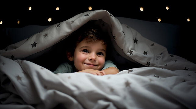 Image of a smiling and cute child slepping in a bed, in a dark bedroom at night