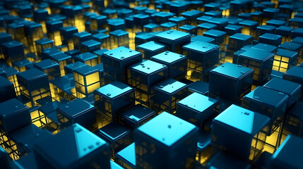 animated blue and yellow cubes in dark blue light in background seamless loop in full hd