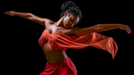 Curly hair black woman in a red dress are dancing and feeling free