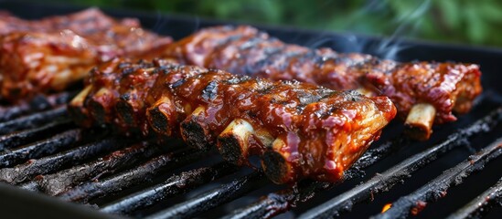 The close-up shot showcases the sizzling and charred meat ribs grilling on a hot BBQ grill. The meat appears juicy, tender, and flavorful, with grill marks adding visual appeal.