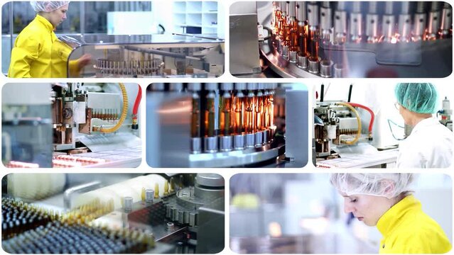 Ampoule Medications and Vaccine Manufacturing - Multiscreen Video. The Development of New Medicines. Medical Ampoules on the Production Line. Pharmaceutical Production Line Workers at Work.