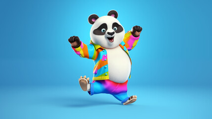 Panda wearing colorful clothes dancing on the blue background