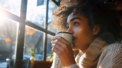 Fotobehang Uma jovem mulher desfrutando de um momento tranquilo com um café quente em um café aconchegante com vista para a cidade © Alexandre