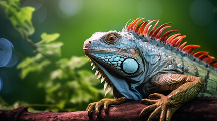 Fototapeta premium Portrait of a colorful iguana sitting on a branch