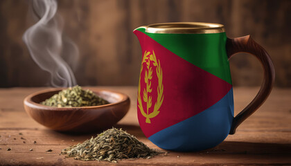 A teapot with the Eritrea flag printed on it is on the table, next to it is a mug of tea and green tea is scattered. Concept of tea business, friendship, partnership