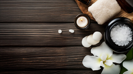 Obraz na płótnie Canvas Set of beauty treatment items for spa procedures on wooden table, massage stones, essential oils and sea salt