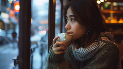 Uma jovem mulher desfrutando de um momento tranquilo com um café quente em um café aconchegante...