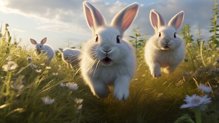 Obraz premium Joyful animated rabbits hopping through a sunny meadow with wildflowers.