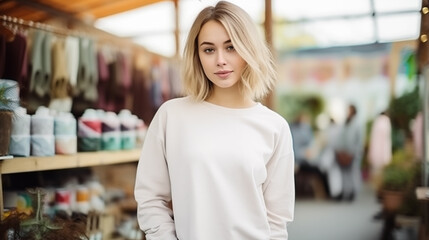 Cozy Mockup of a beauty blondie young woman wearing a clean white sweater  - obrazy, fototapety, plakaty
