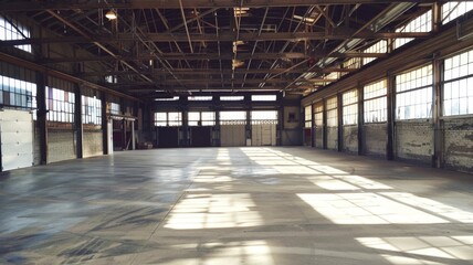 Spacious empty industrial warehouse with large windows casting shadows on the concrete floor.