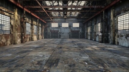 Empty industrial warehouse interior with rustic walls, large windows, and spacious concrete floor.