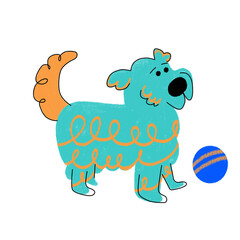 Minimalistic illustration of a Yorkshire Terrier dog and a ball in a cartoon style. Doodle style drawing on a white background. Drawing of a happy dog in a standing pose. Colorful poster for design.