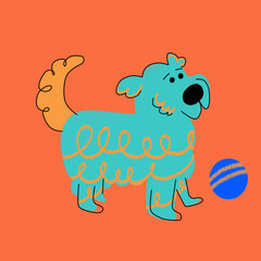 Minimalistic illustration of a Yorkshire Terrier dog and a ball in a cartoon style. Doodle style drawing on an orange background. Drawing of a happy dog in a standing pose. Colorful poster for design.