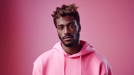 Obraz premium Sad black man looking at the camera and wearing a pink clothes against pink background